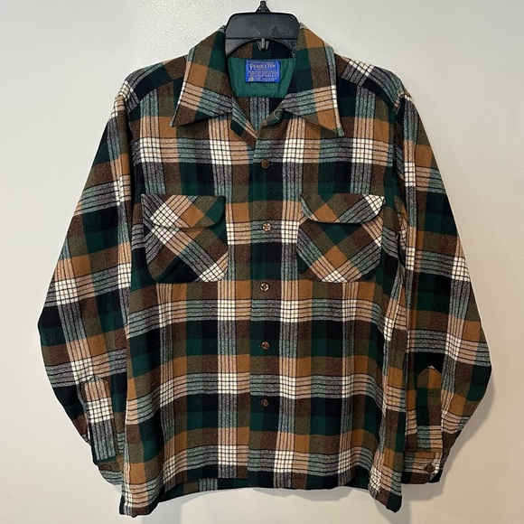 Pendleton Other - Vtg Pendleton Wool Flannel M Green Brown Plaid Loop Collar Heritage Americana 70